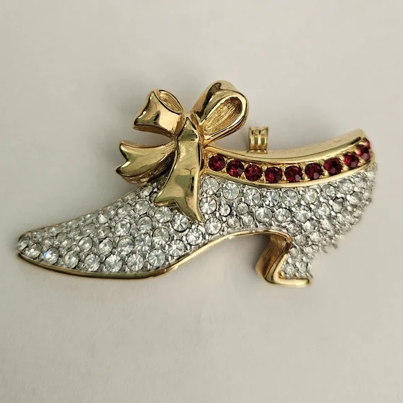 Vintage Swarovski White Red Crystals Brooch Pendant Retro Festive Bow Feminine - Picture 1 of 6